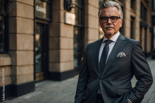 Stilsicherer reifer Geschäftsmann in maßgeschneidertem Anzug vor dem Hintergrund eines geschäftigen Büroviertels photo