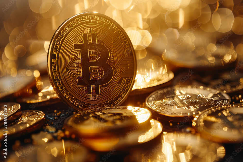 A prominent Bitcoin token stands out against a backdrop of shimmering golden bokeh, symbolizing wealth and digital currency.. A prominent Bitcoin token stands out against a backdrop of shimmering golden bokeh, symbolizing wealth and digital currency..
