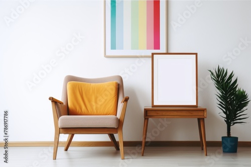 A room with a lone chair positioned below a striking picture hanging on the wall