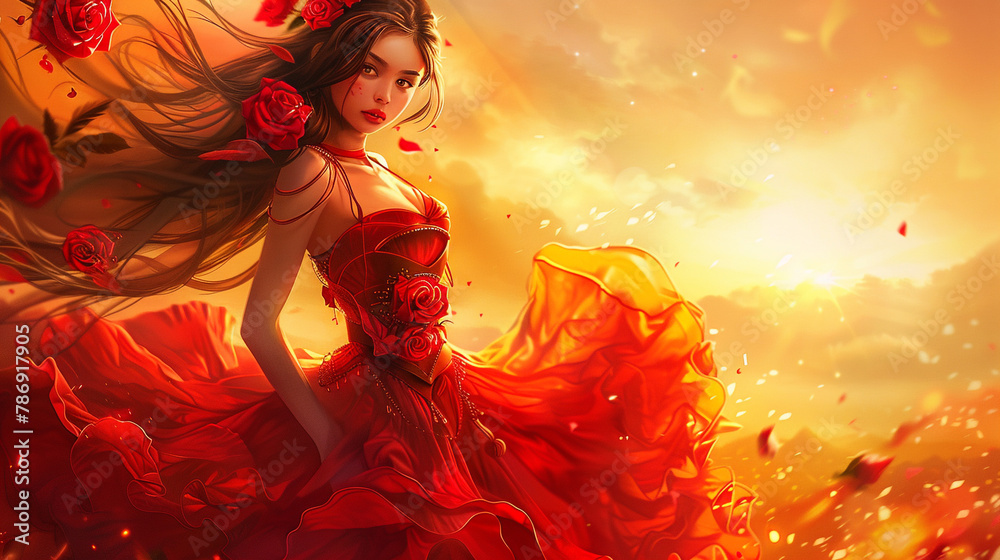 A graceful flamenco dancer in red, roses entangled in hair, sunset behind. - obrazy, fototapety, plakaty 