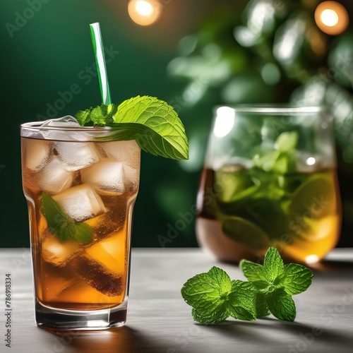 A glass of iced peppermint tea with a mint leaf2 photo