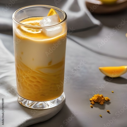 A glass of iced turmeric ginger latte with a turmeric swirl2