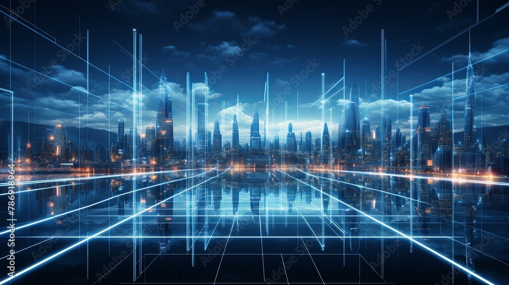 A blue lit city cityscape with lines. Illustration of night city street on dark blue color sky background with Line art style design.