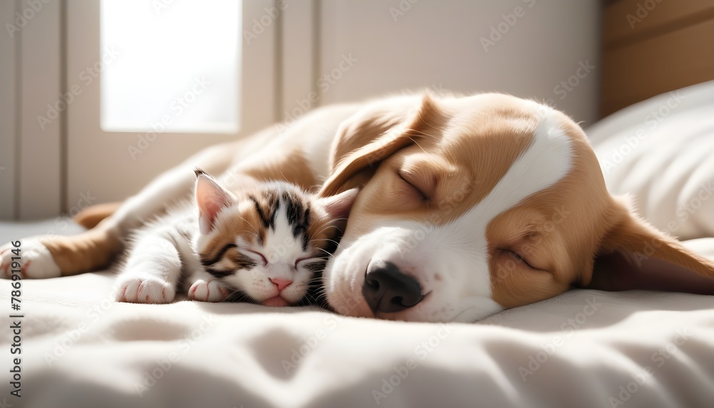 Cat and dog sleeping. Puppy and kitten sleep.