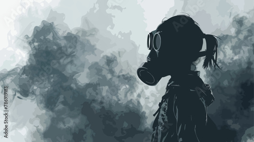 Child wears a gas mask against a backdrop of smoke fl