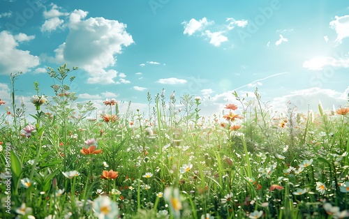 Fototapeta Naklejka Na Ścianę i Meble -  summer meadow with daisies and clouds on blue sky
