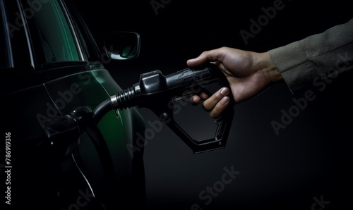 A person captivatingly holds a gas pump in their hand, carvings of fuel flowing like magic
