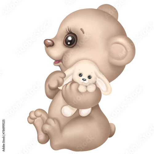 Cute Baby bear hugs rabbit toy. Infant Teddy bear cartoon hand drawn Illustration. Perfect for newborn greeting card  baby shower  kids wear design  children birthday invitation  Nursery poster