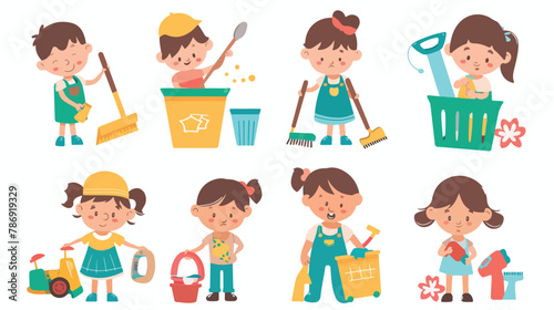Children helper Kid cleaning toys. Vector illustration