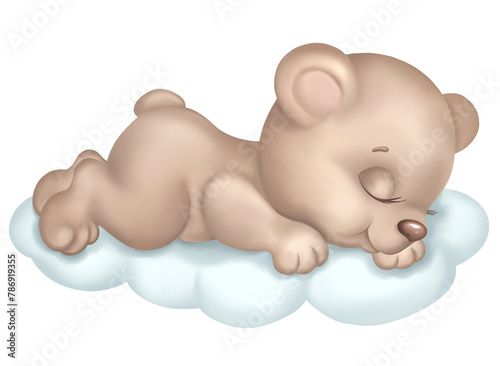 Cute teddy bear sleeping on the cloud hand drawn cartoon illustration. Perfect for baby shower invitation, kids t-shirt print, wear fashion design © MarinadeArt