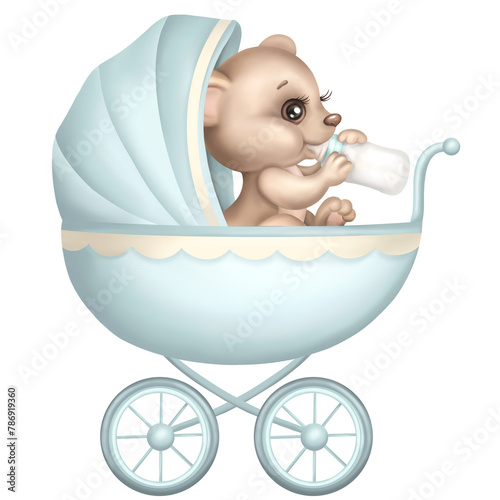 Cute Baby boy Pram with Teddy bear in vintage style. Retro kid Stroller in cute pastel blue colors. Cartoon Newborn Carriage hand drawn Illustration. © MarinadeArt