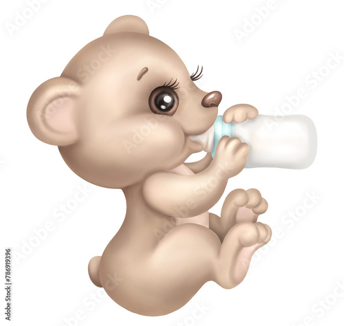 Cute Baby infant Teddy bear drinks milk from a bottle. Baby nutrition. Cartoon hand drawn Illustration. Perfect for baby shower invitation, kids t-shirt print, wear fashion design © MarinadeArt