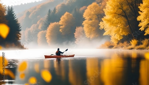 kayak sailing down a river on a sunny autumn day against yellow foliage trees and fog reflected in the water. Exploration of wild pristine nature and wanderlust concept. photo