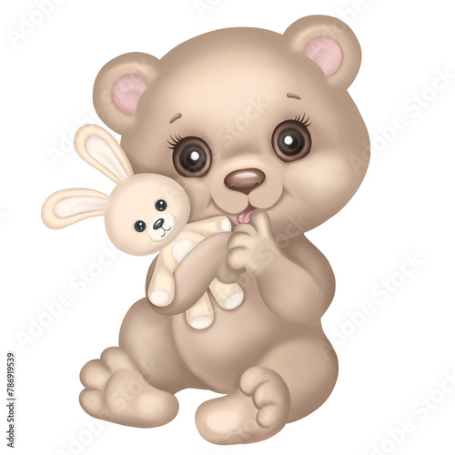 Cute Teddy bear hugs bunny toy. Infant Baby bear with rabbit cartoon hand drawn Illustration for newborn greeting card, baby shower, kids wear design, children birthday invitation, nursery poster