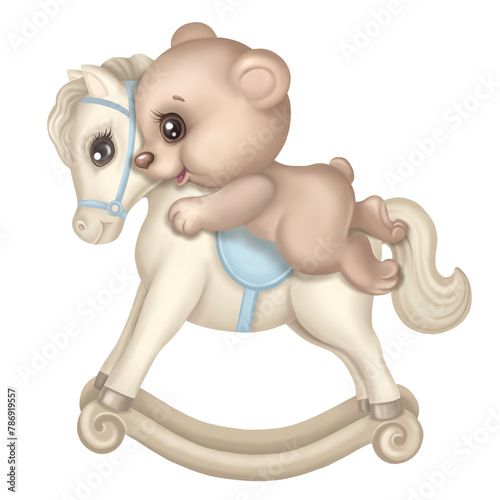 Cute teddy bear swings on rocking toy horse. Happy Infant Baby bear riding pony, hand drawn cartoon illustration for newborn greeting card, childrens birthday party invitation, nursery poster © MarinadeArt