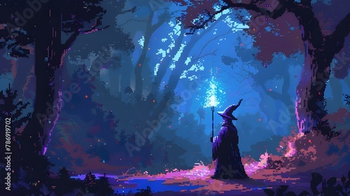 pixel art background of Legendary Sorcerer Conjured in Lush Woods