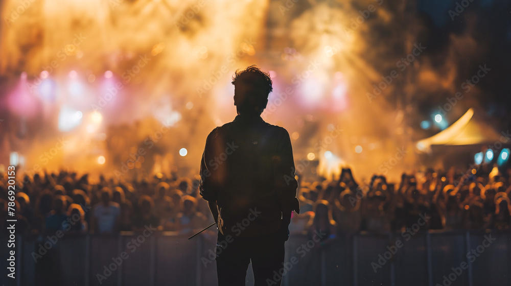 Fototapeta premium a performer, music artist in front of crowd on a huge stage, at a summer music festival