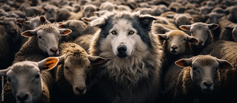 Wolf in a flock of sheep with wool clothing. Wolf pretending to be a sheep concept