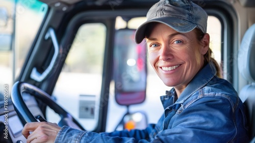 Joyful Female Truck Driver Driving Her Truck, Gazing Directly into Lens © Marcos