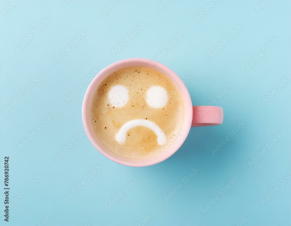 Sad emoji, emoticon on a coffee. Latte art on blue background. I am sorry message. Pastel tones. Sad emoji, emoticon on a coffee. Latte art on blue background. I am sorry message. Pastel tones.