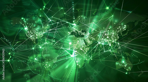 World map: emerald green, electric lime, silver connections.