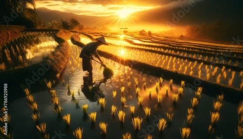 A farmer tending to rice paddies during a sunset, reflecting golden hues on the waterlogged fields. photo