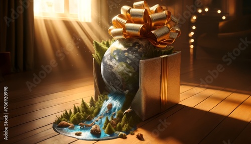 An image of Earth wrapped up as a gift, with a bow being untied and the environment spilling out. photo