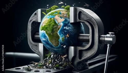 The Earth depicted as a vice grip with elements of nature being compressed out. photo