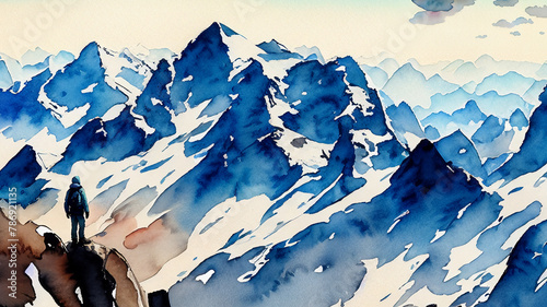 A man climbing a snowy mountain.
watercolour-style illustration.
AI generated.
