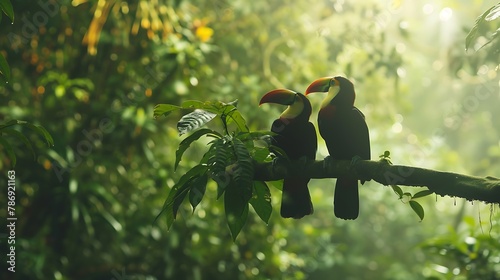 Toucan sitting on the branch in the forest green vegetation Costa Rica. Nature travel in central America. Two Keel-billed Toucan Ramphastos sulfuratus pair of bird with big bill. Wildlife   photo