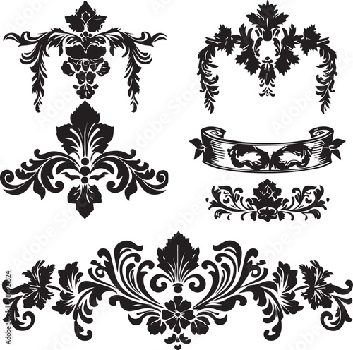 Decorative Floral design. Set of Silhouette Ornament seamless pattern.