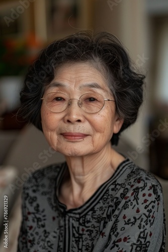 70 - year - old Chinese female grandmother, short black hair, glasses, dressed simply, with a smile on her face and friendly eyes