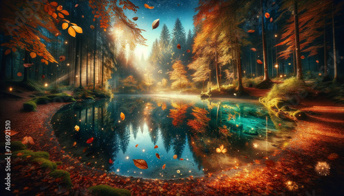 Mystical Blue Pond Reflecting a Dreamlike Enchanted Forest photo