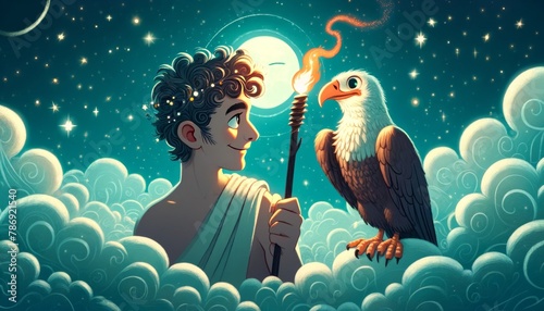 A whimsical, animated art style image of Prometheus with a torch behind his back, exchanging a knowing glance with an eagle.