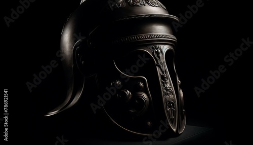 A close-up of the detailed metalwork on the cheek piece of a Roman helmet. photo