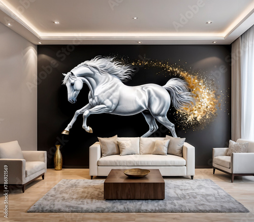 Painted mural of a white horse with gold touches on the wall of a living room