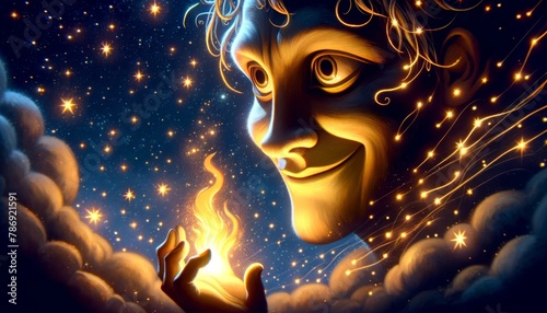 Whimsical, animated art style image depicting the scene of a close-up of Prometheus' face, with animated features, illuminated by the warm, golden glo. photo
