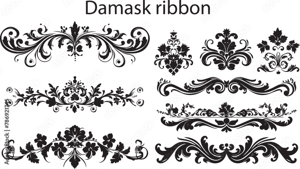Set of Beautiful and Attractive Silhouette Damask Ribbon vector illustration.