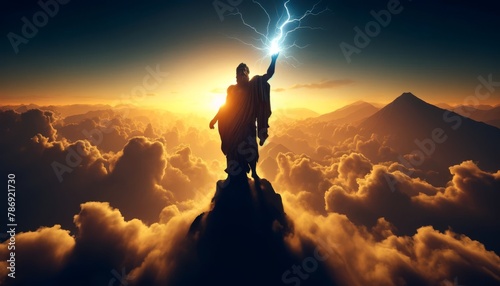 An image of Zeus standing atop Mount Olympus as dawn breaks.