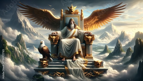 Zeus sitting on his majestic throne high atop Mount Olympus, wearing a royal, flowing robe.