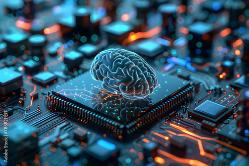 A digital human brain on top of a glowing blue circuit board among neural network microchips. Futuristic science technology concept