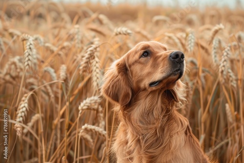 A majestic golden retriever sitting in a field of golden wheat