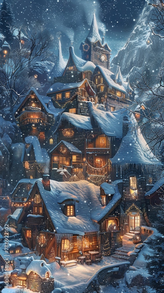 Obraz premium Cozy winter scene with a snow-covered hut.