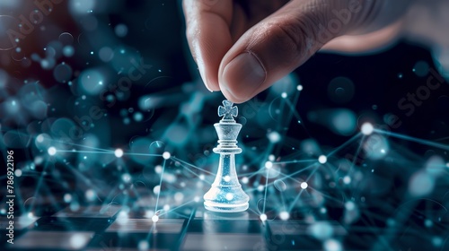 Strategic move in a futuristic digital chess game. Hand positions transparent chess piece. AI-driven technology and gameplay. AI photo