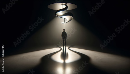 A person's shadow cast on a reflective floor by a single, overhead, sinuous light fixture. photo