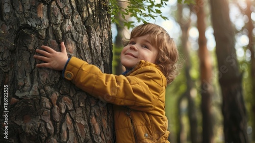 Kids hugging an outdoor forest tree. Love nature