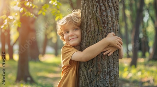 Kids hugging an outdoor forest tree. Love nature