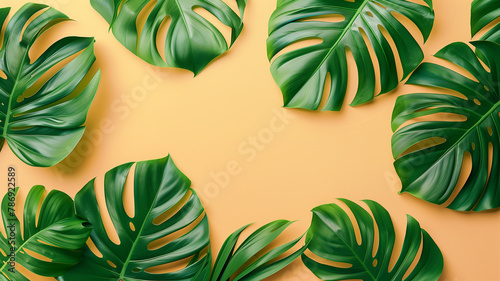 Clean and minimal summer banner featuring Philodendron tropical leaves on an isolated background, top view, perfectly capturing the vibes of a hot summer day, with generous copy space for advertising photo