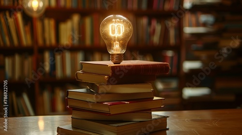 A light bulb on books in a library. The power of knowledge