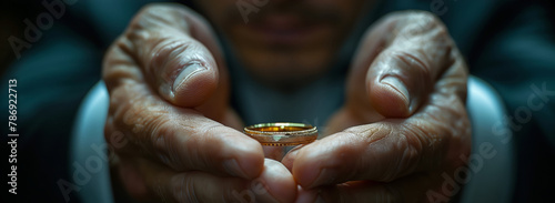 A man makes a gesture with a wedding ring in his hand